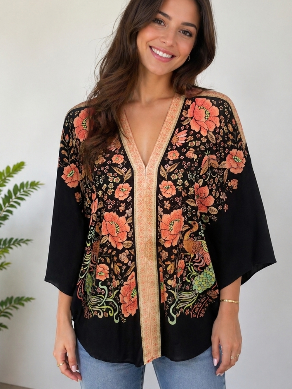 Rose + Olive Deep V-neck Front & Back, Batwing Sleeve, Black & Orange Top, M - Picture 1 of 7